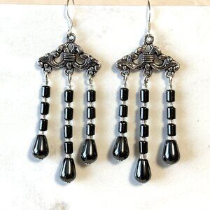 2/20$, Hematite Black Temple Dangle Earrings, Gemstone & Sterling Silver Hook